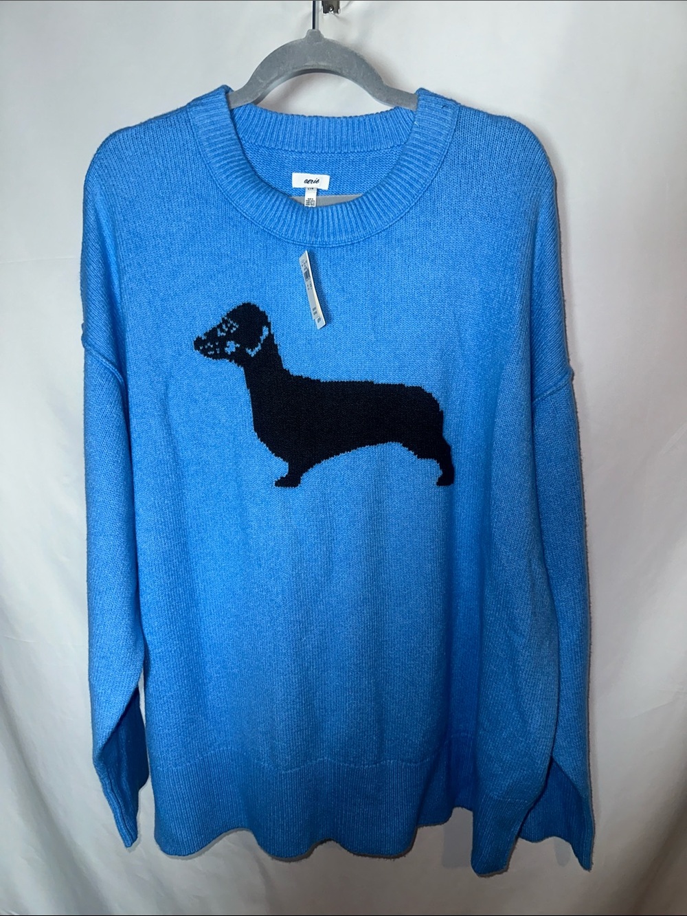 aerie Blue Crewneck Sweater with Black Dachshund Motif